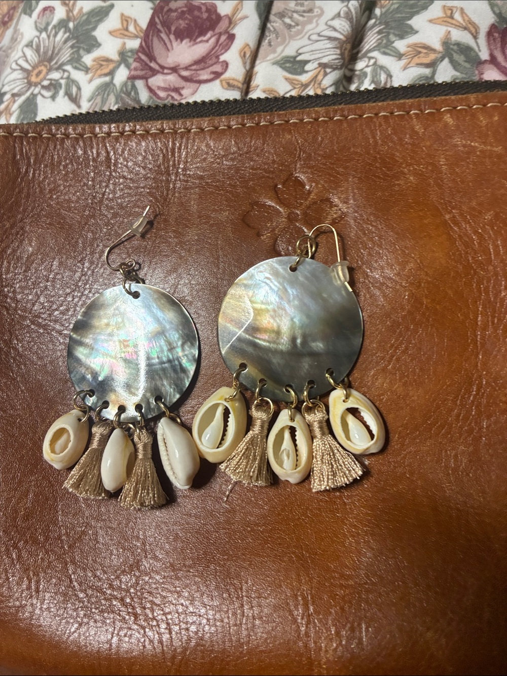 Shell Disc Drop Earrings with Cream Tassels and Cowrie Charms